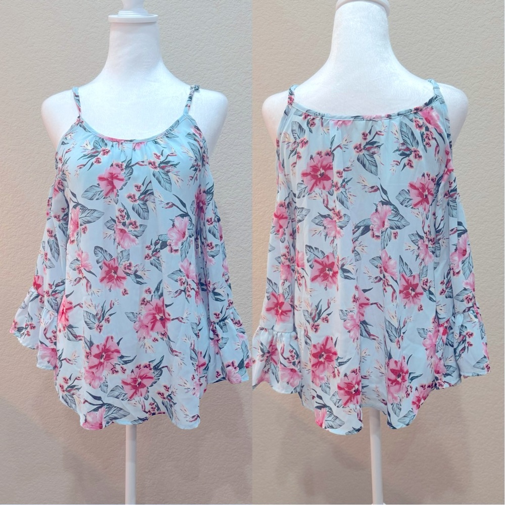 Seven Sisters Open Shoulder Flowers/Blue Blouse, Size Small